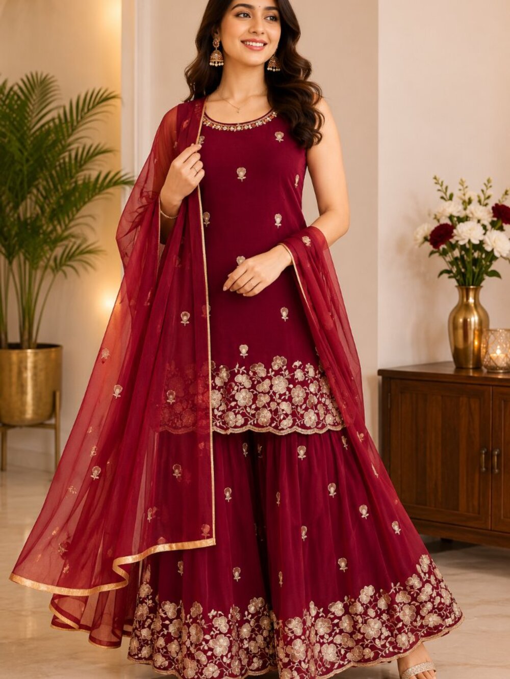 Maroon Embroidered Sharara Suit Set with Dupatta | Women's Indian Outfit